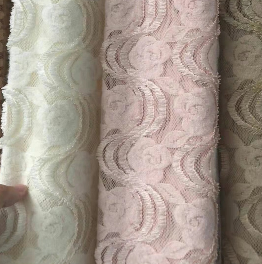 Women's polyester nylon stretchy feather yarns Lace fabric for ladies clothes