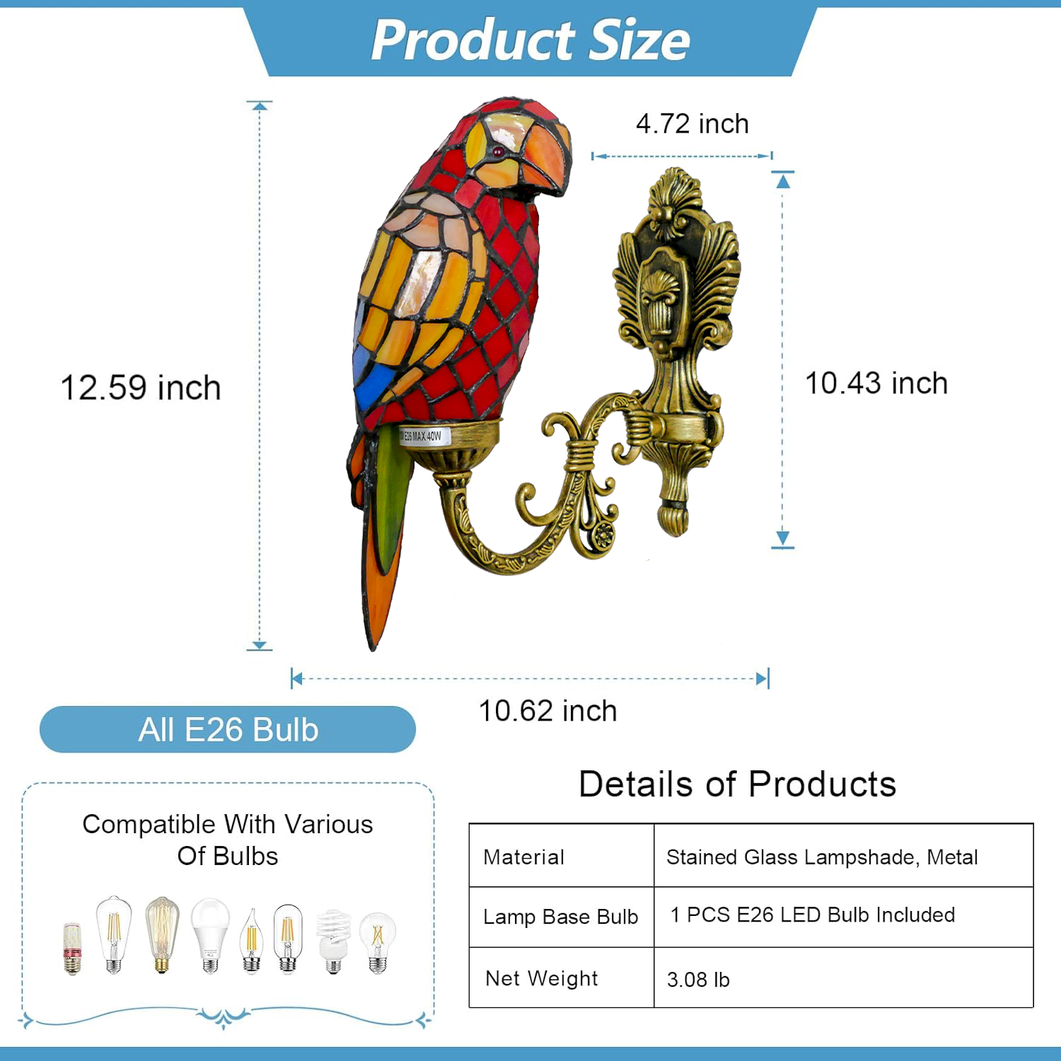 Tiffany American Retro Vintage Iron Wall Lamp Parrot Stained Glass E26 Base LED Light Outdoor Garden Home Corridor Decoration