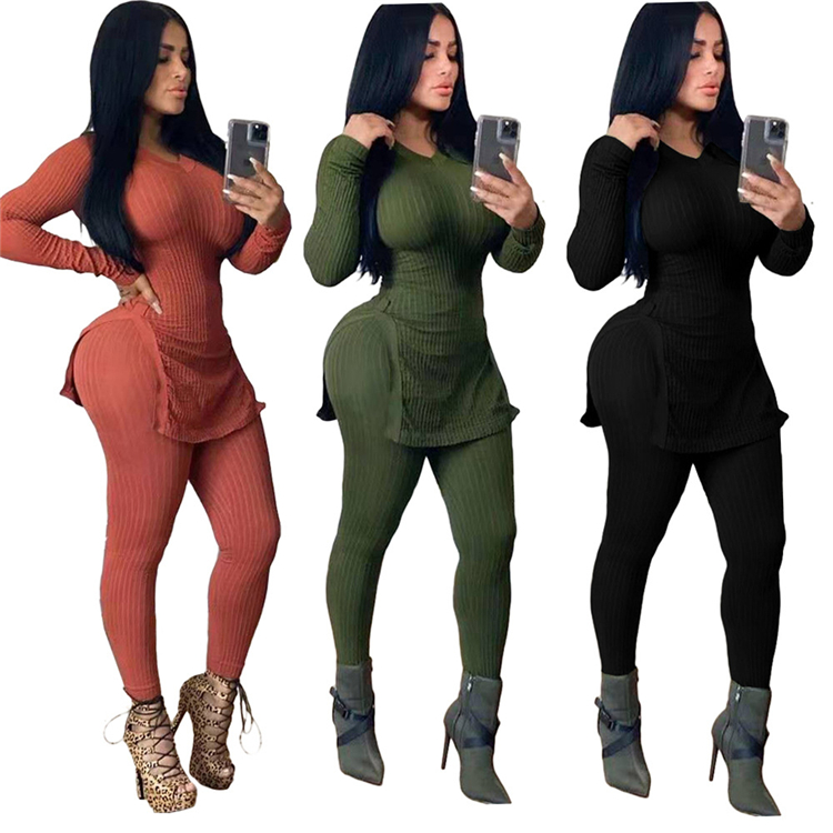fall and winter 2021 women clothes custom logo vetements femme women's knitted rib fabric sweater two piece set