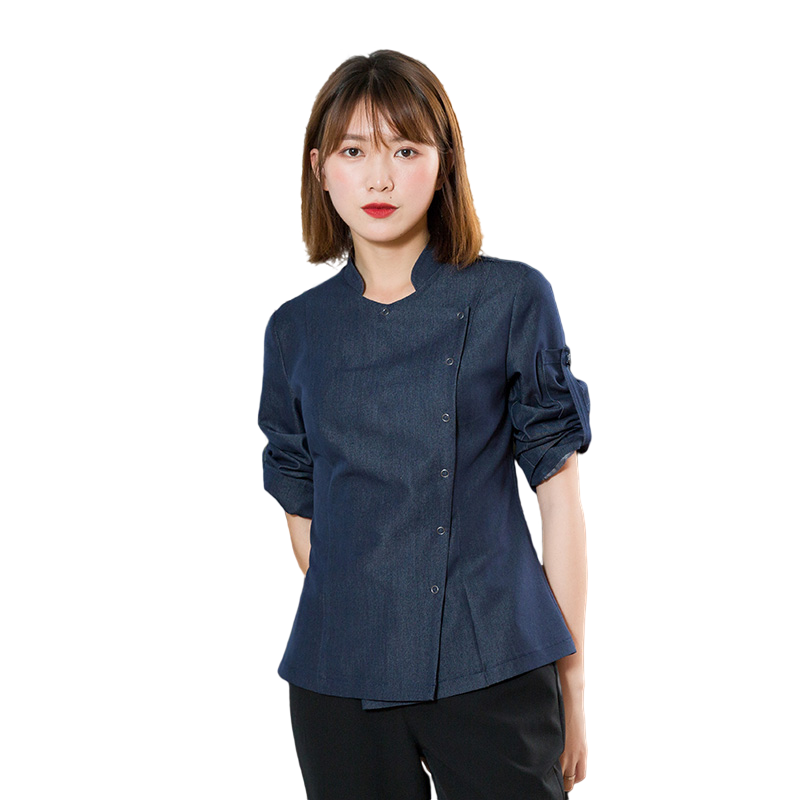 Wholesale ladies denim catering slim uniform trumpet sleeve uniform top casual uniform waiter top