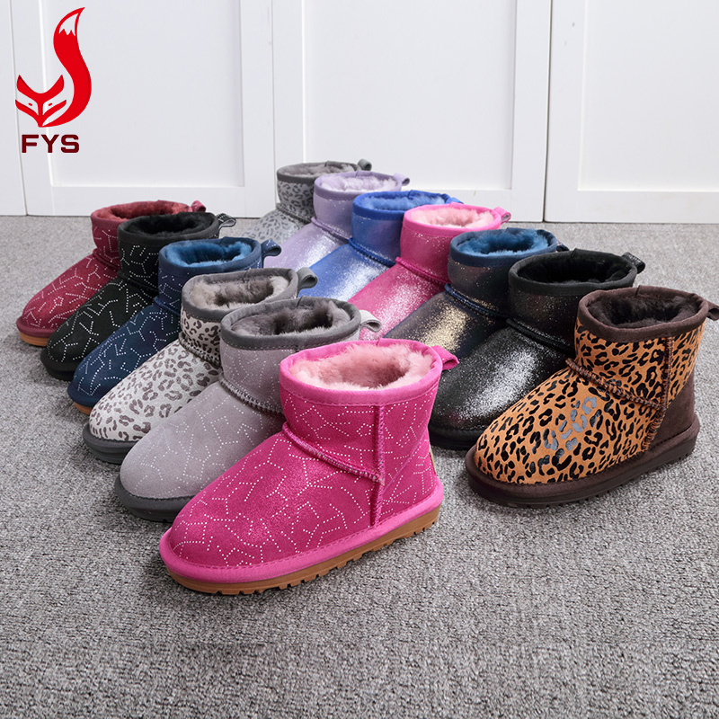 Hot sell fashion genuine waterproof leather winter furry snow boots for kids children 2020