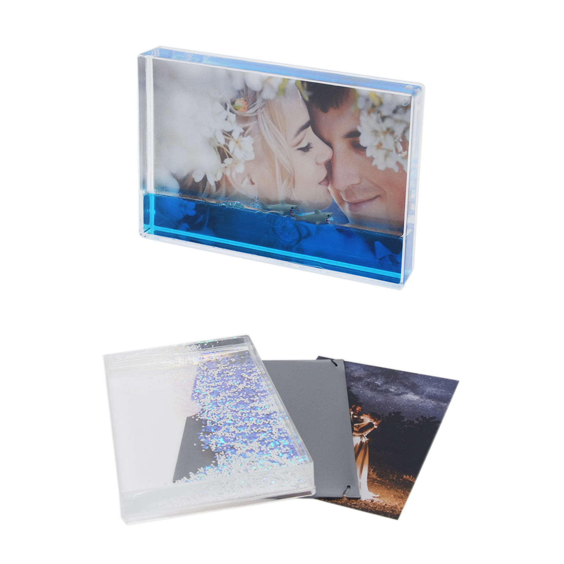 Rectangle Shape Photo Insert Acrylic With Water Glitter Floating Sparkle Photo Frame