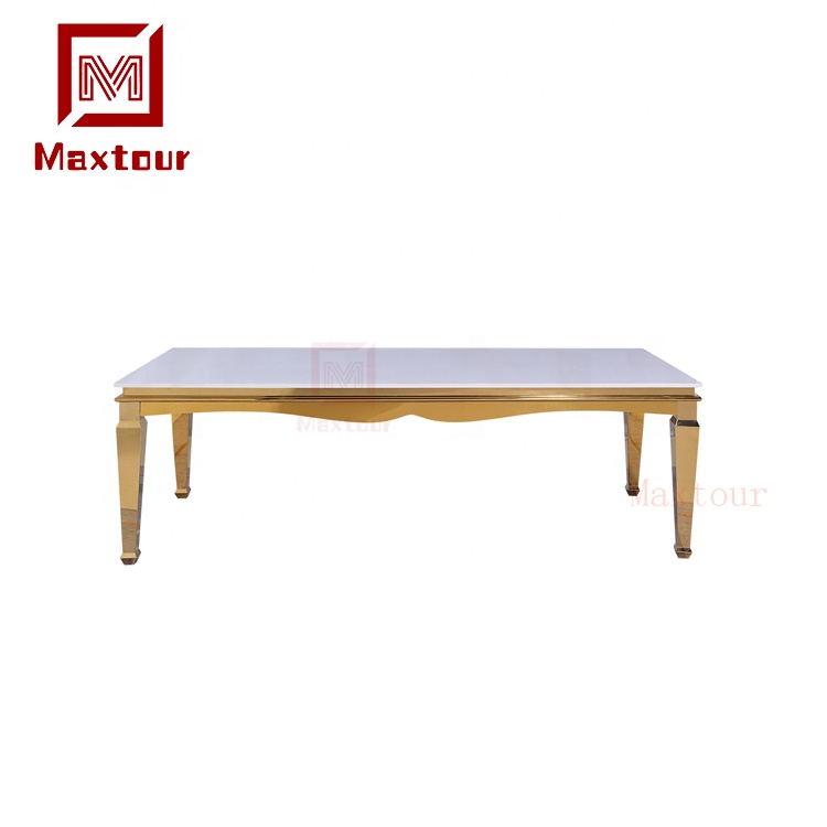 New design MDF glass top stainless steel wedding rectangle dining table set