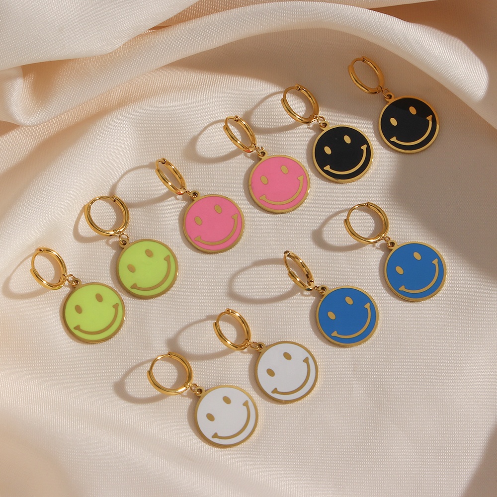 Colorful Fashion Enamel Earrings Stainless Steel Green Pink Black Smile Face Coin Earrings