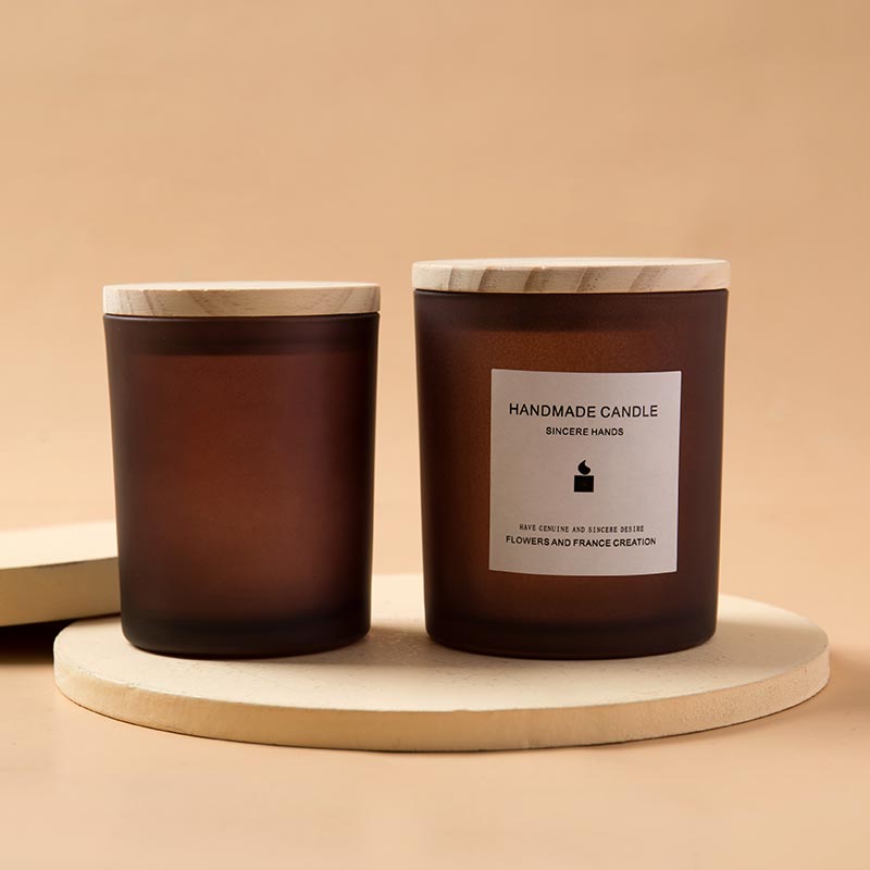 Wholesale Luxury Empty Wooden Lid Customized Frosted Amber Glass Jars For Candle Making
