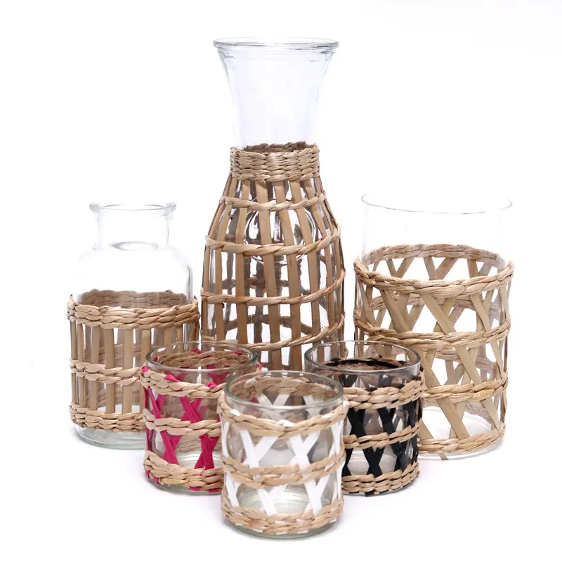 150ml 200ml 500ml Wrapped Tumbler Glass Sleeve Woven Sea Grass Drinking Water