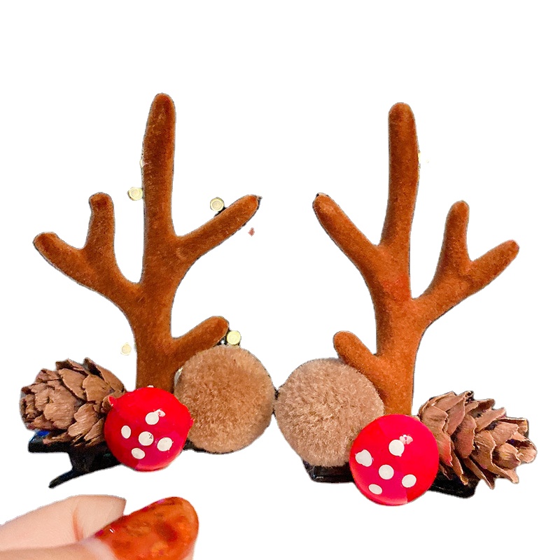 New Cute Girls Christmas Hairpins Cartoon Antlers Hairball Hair Clip For Kids