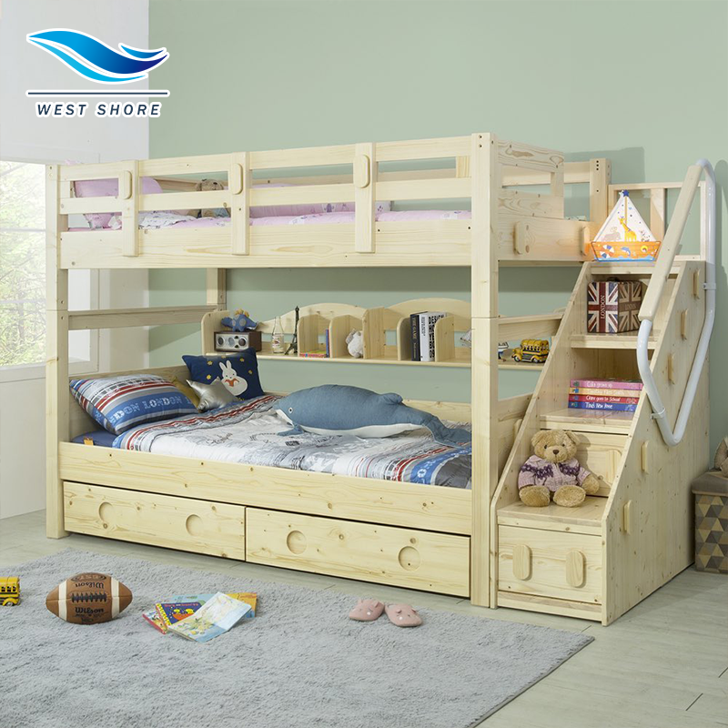 Baby Bed Double Wooden Single Bed with Stair Railing Built-in Storage Drawer Daycare Bedroom Preschool Furniture Storage Space