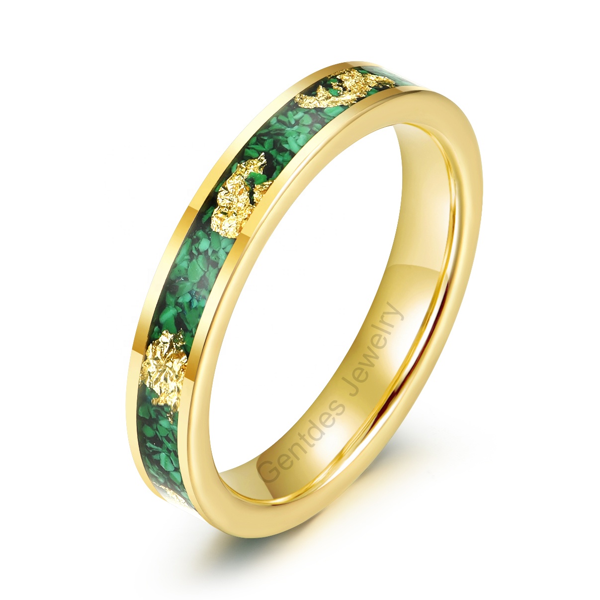 Gentdes Jewelry Custom Luxury Wedding Bands 4mm Gold Crushed Malachite Tungsten Carbide Ring Inlay Gold Foil For Women Rings