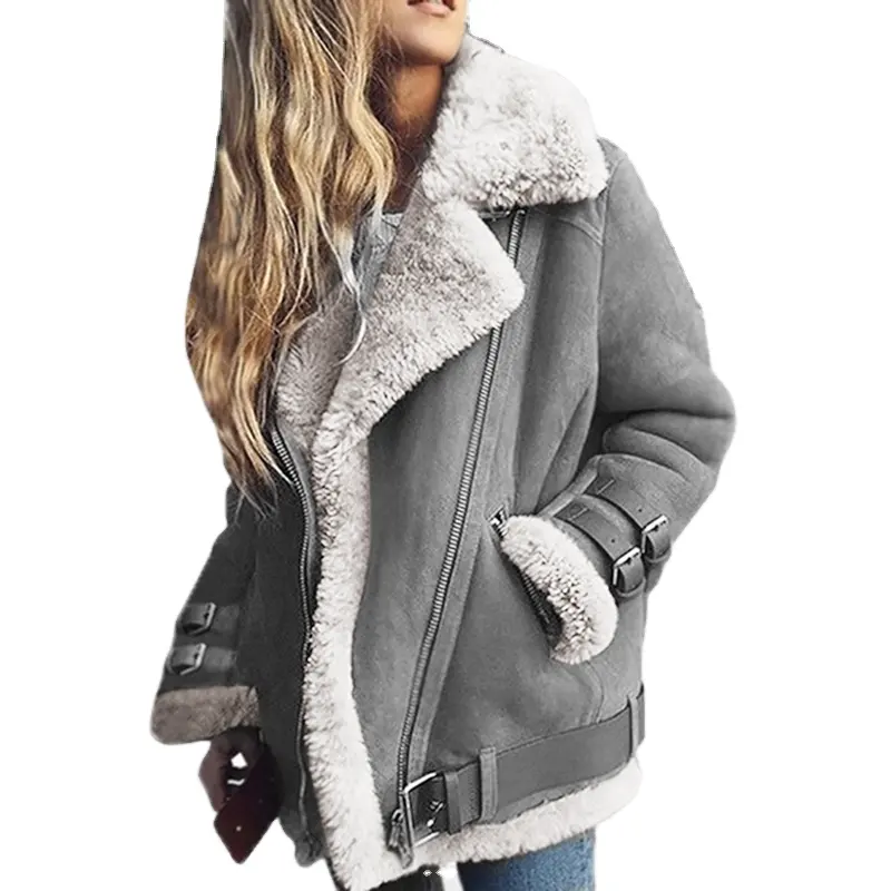 Winter Women Punk Style Faux Fur Fleece Coat Outwear Warm Lapel Biker Aviator Jackets Lady Leather Velvet Stand Collar Warm Coat