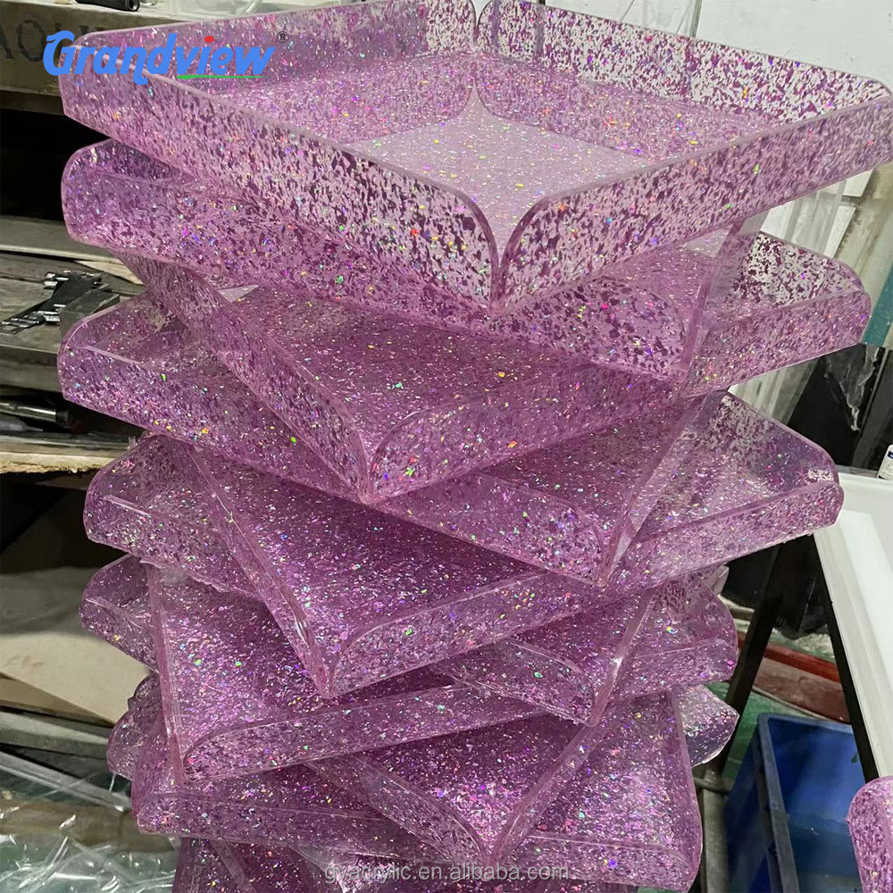 Wholesale Beautiful Customized Size And Design Handmade Acrylic Tray With Handles Glitter Marble Acrylic Tray
