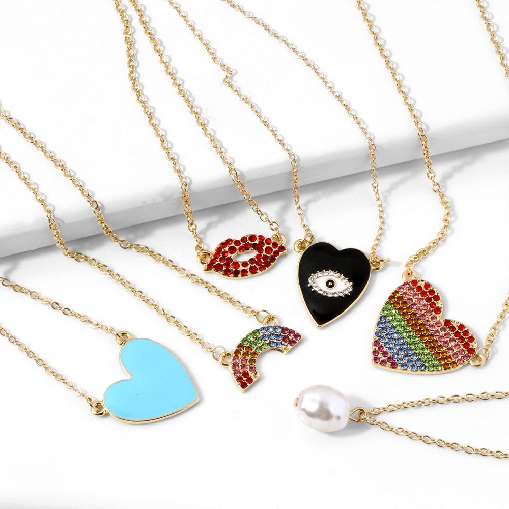 Laodun Explosive Peach Heart Multi Color Rainbow Necklace Heart Diamond Crystal Red Lips Pendant Necklace