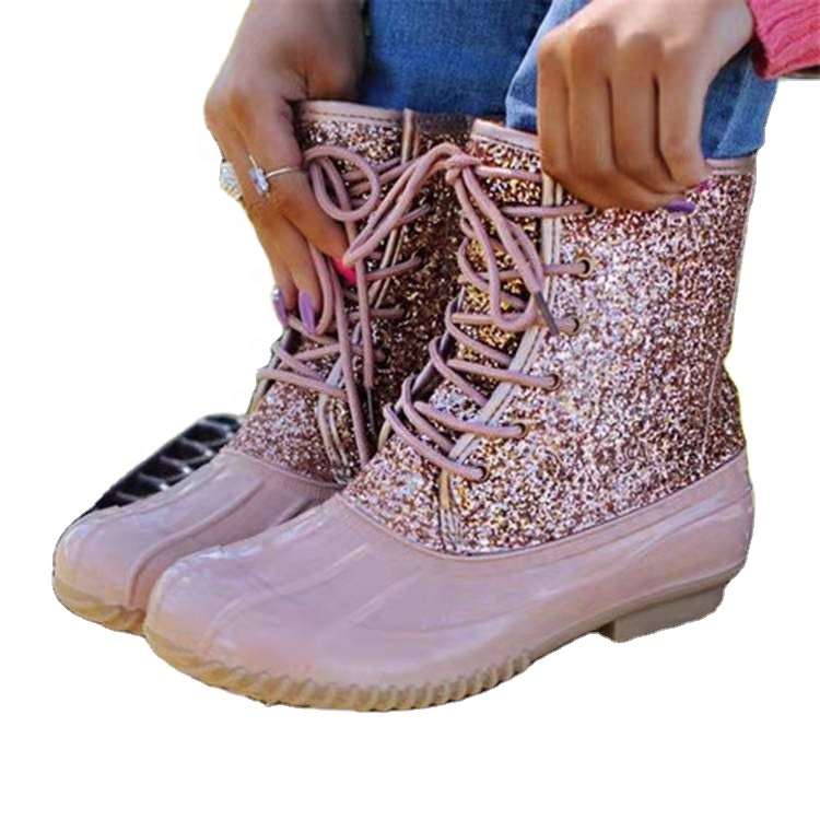 Wholesale Fashion Women PU Lace-up Rain Shoes Snow Boots Pink Glitter Duck Boots