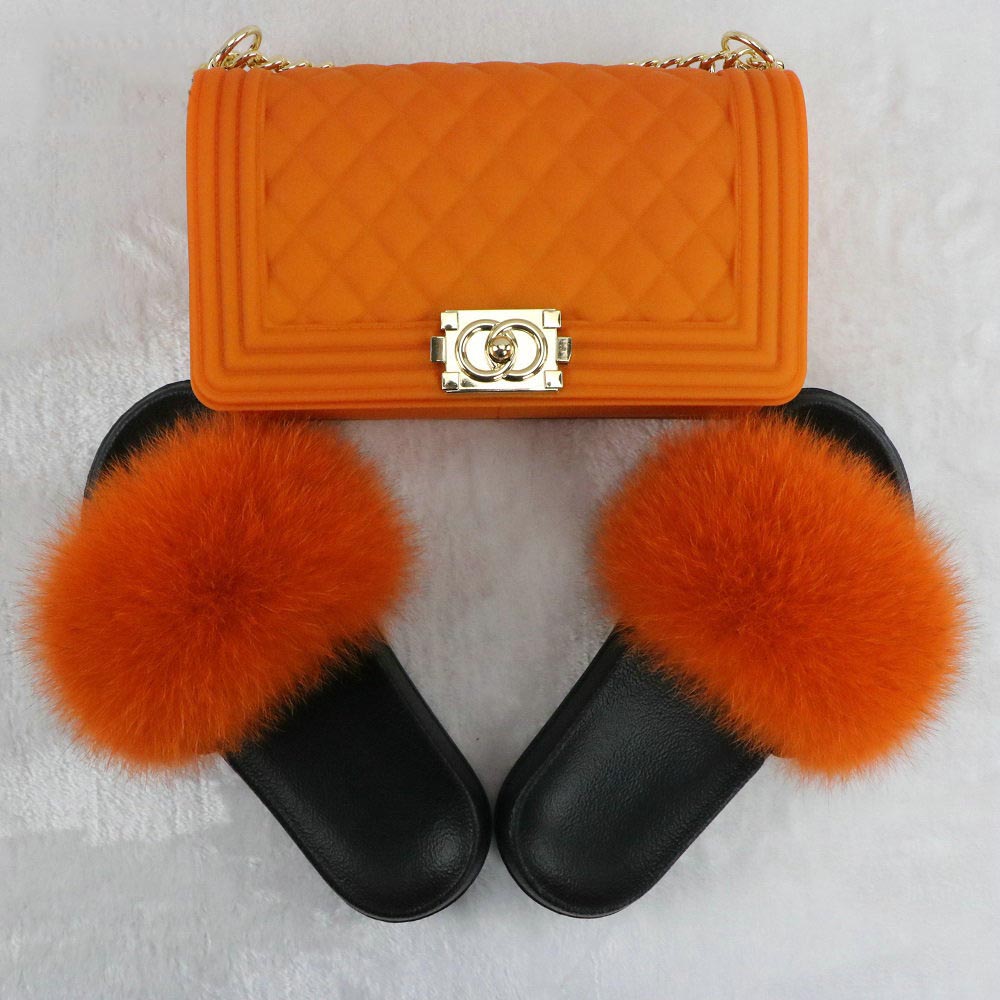 k361302 Women Fur Slides Genuine Fox Fur Slippers Match Color Jelly Bags Women Slippers