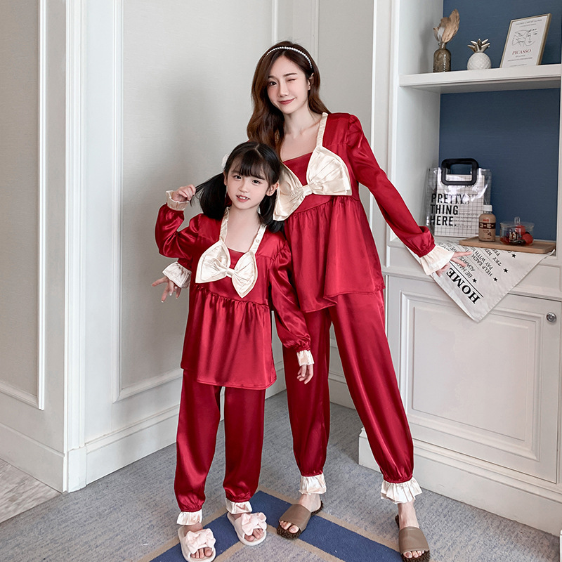 Newest Sweet Spring Autumn Child Parent Sleepwear Mom Girl Bow Slik Pajamas 2pcs Suit Family Home Wear Outfits