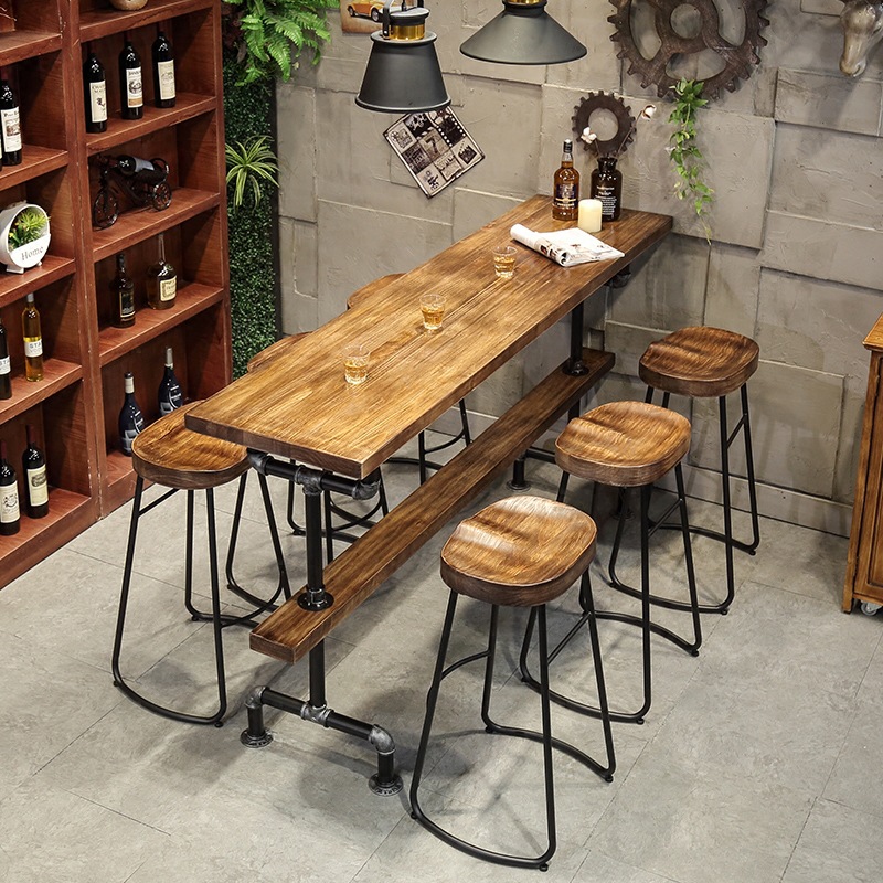 Factory American Industrial Retro Vintage High Cafe Table Pub Commercial Furniture High Table Pipe Iron Leg Solid Wood Bar Table