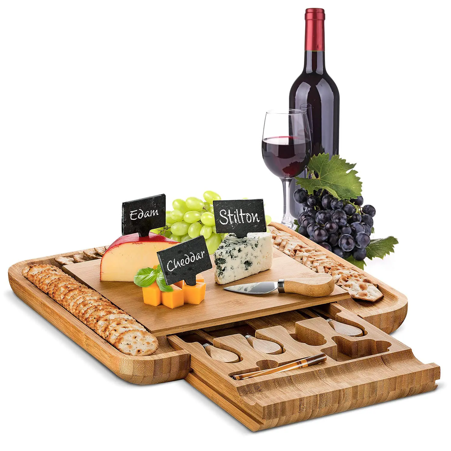 Large Bamboo Cheese Cutting Plates Board Set and Knife Set  With Hidden Slide Drawers Wood Charcuterie Platter Board