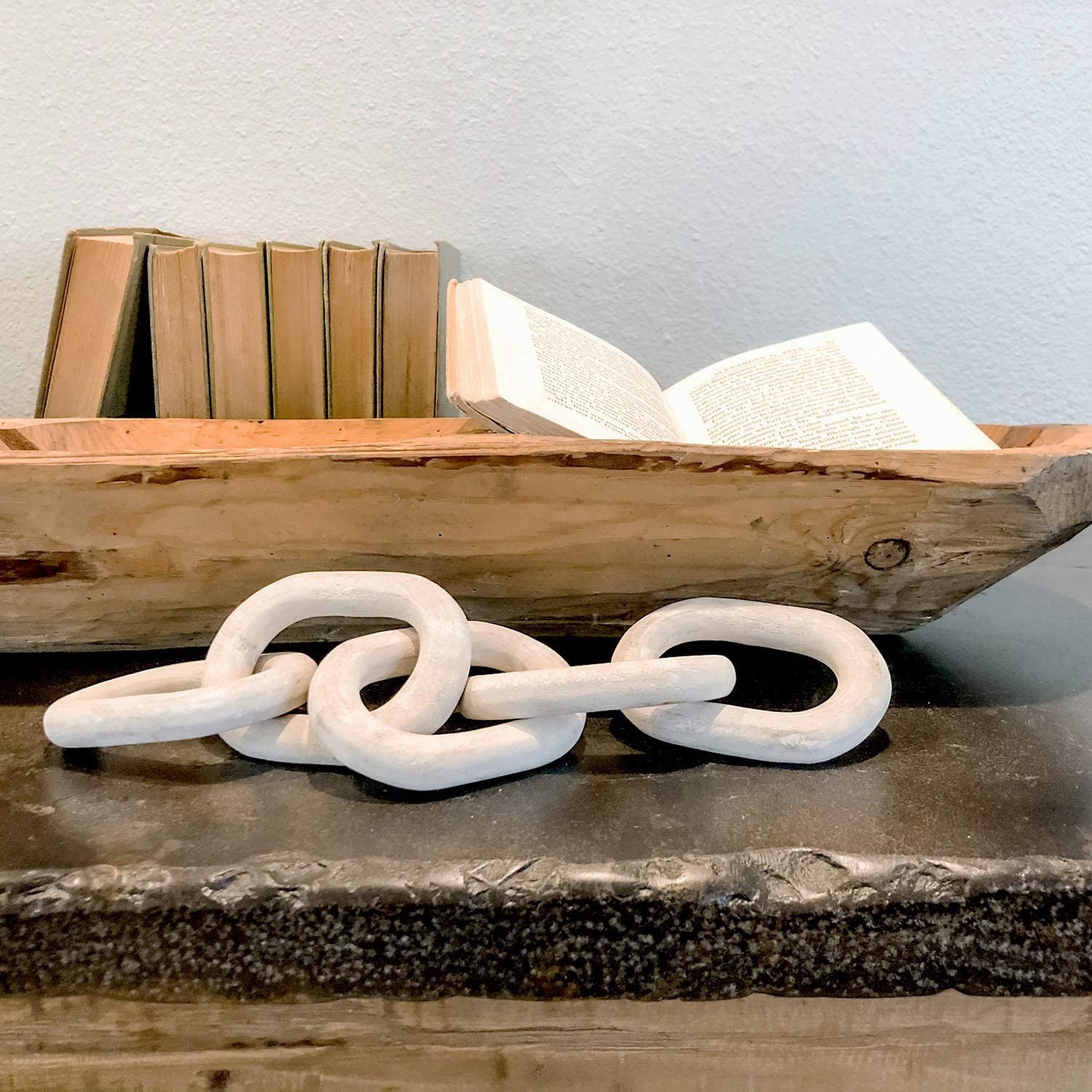 Wood Chain Link Decor, Hand Carved Decorative Wood Chain, White Washed Sustainable Pine Wood 5 Link Chain Decor