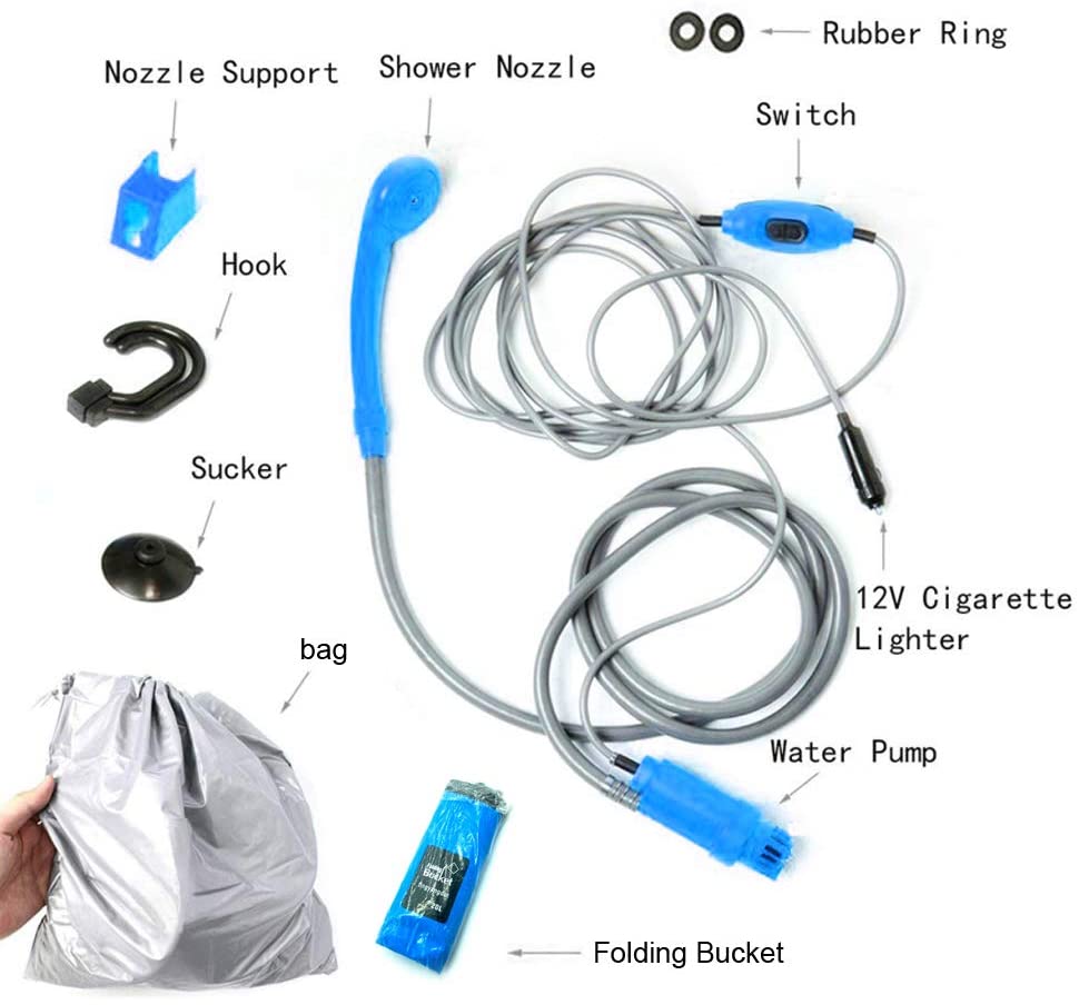 Portable handheld outdoor camping shower foldable 5 gallon bucket (20 liters) compact pressure shower head pump with 12V car cig