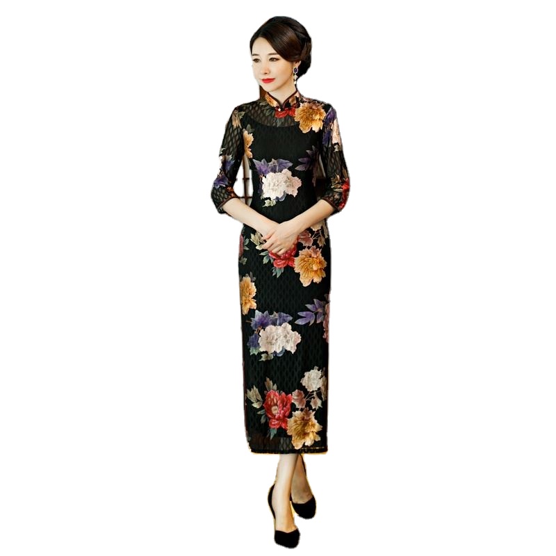 Китайские современные модные длинные Cheongsam элегантный половина рукава Qipao кружевных тканей платье для женская обувь для свадебной вечеринки