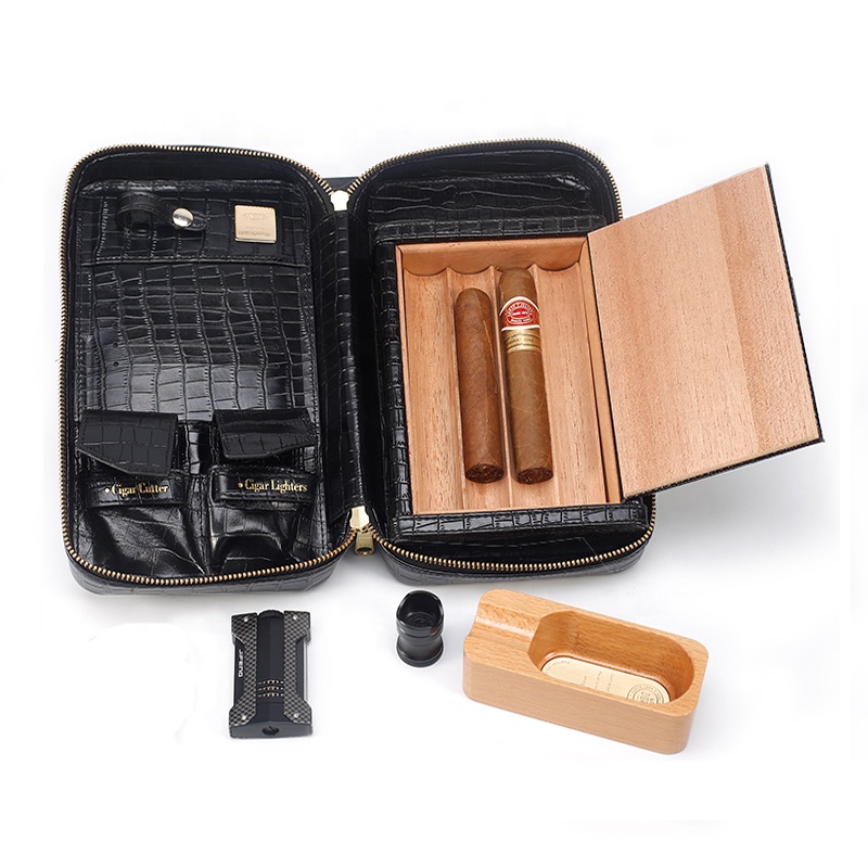 JF-502 JIFENG luxury black real cowhide or crocodile leather travel custom cigar case bag with cigar accessories set