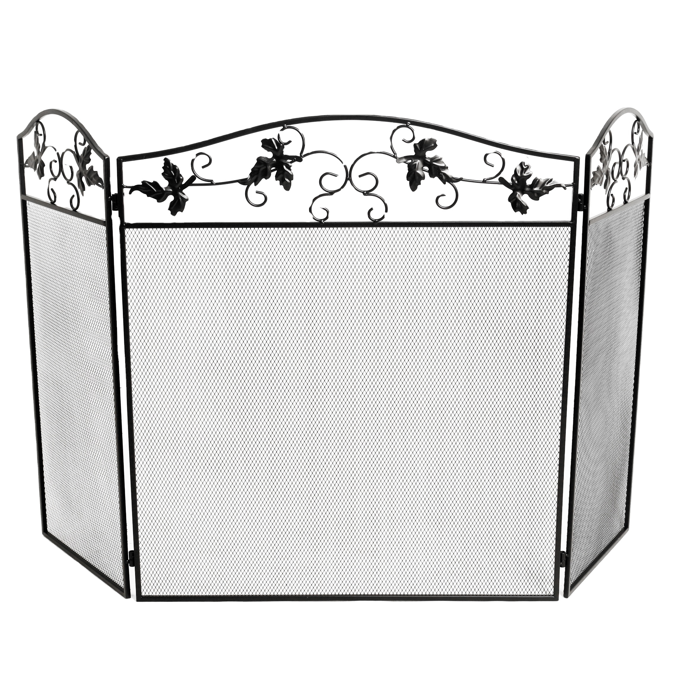 Fireplace Screen 3 Panel Wrought Iron Black Metal Fire Place Standing Gate Decorative Mesh Solid Guard Cover Indoor