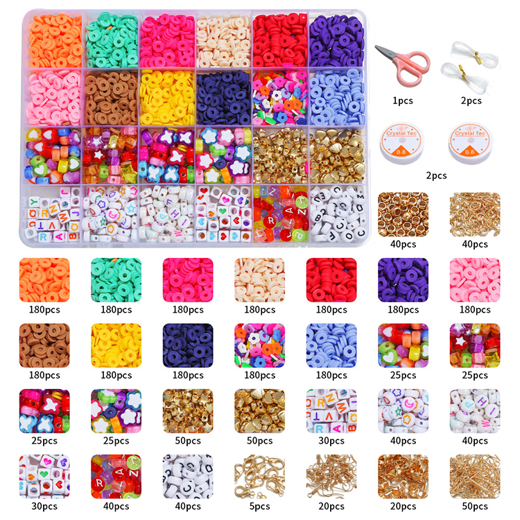 24 Grid Colorful Flat Round Polymer Clay Spacer Beads Kit with Pearl Beads for DIY Jewelry Making for Kids
