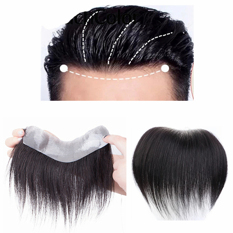 Men Forhead Frontal 100% Human Hair Piece Big Area V Loop Front Hairline With Tapes for Men Non-Remy Hair Replacement