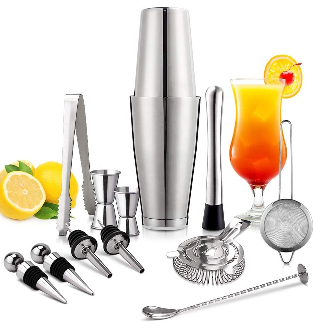 13 Piece High Quality Stainless Steel Bartender Kit weighted 800ml 500ml Cocktail Shaker Bar Set