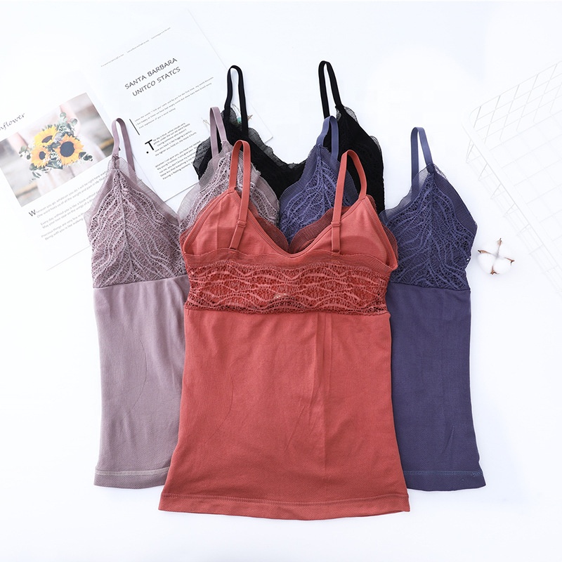 New Thick Women Thermal Underwear Lace V Neck Sling Warm Vest With Chest Pad Thermal Underwear Vest