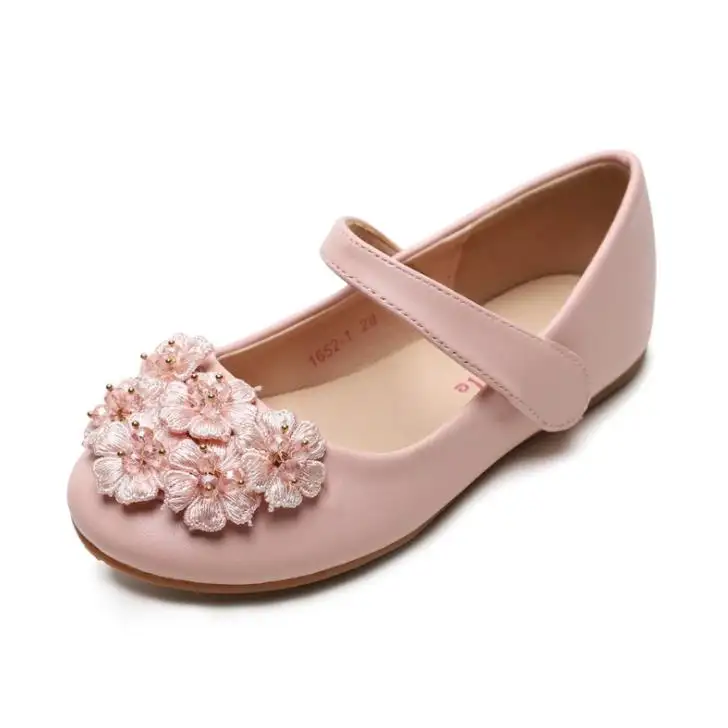High Quality Pu Leather Low Heel Non-slip Flower Decorate Solid Color Girl Princess Shoes