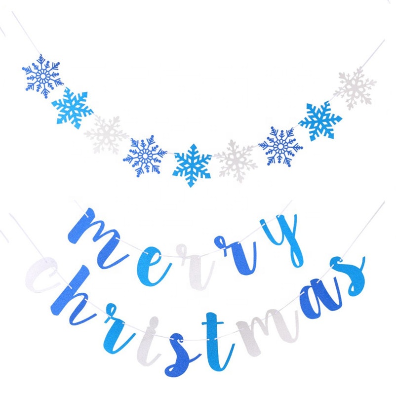 Blue Silver Glitter Paper Christmas Banner Snowflake Flag Merry Christmas Paper Buntings For Xmas Decor Party Supplies
