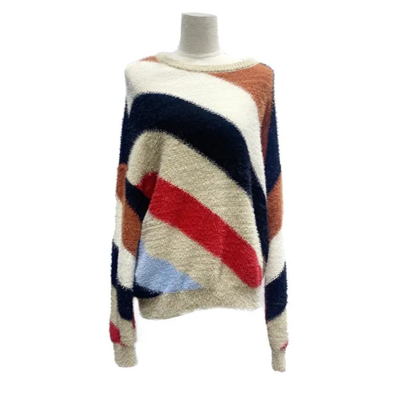 OEM индивидуальный вязаный Радужный пуловер в полоску с длинным рукавом, открытый женский пуловер, мохеровые свитера