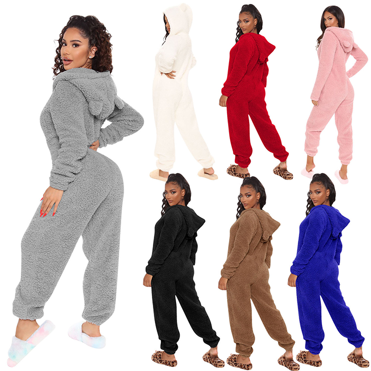 Solid Color Sherpa Cute Hooded Romper Lounge Furry Onesie Plus Size Pajamas Womens Teddy Onesie Fuzzy Bear onesies for adults