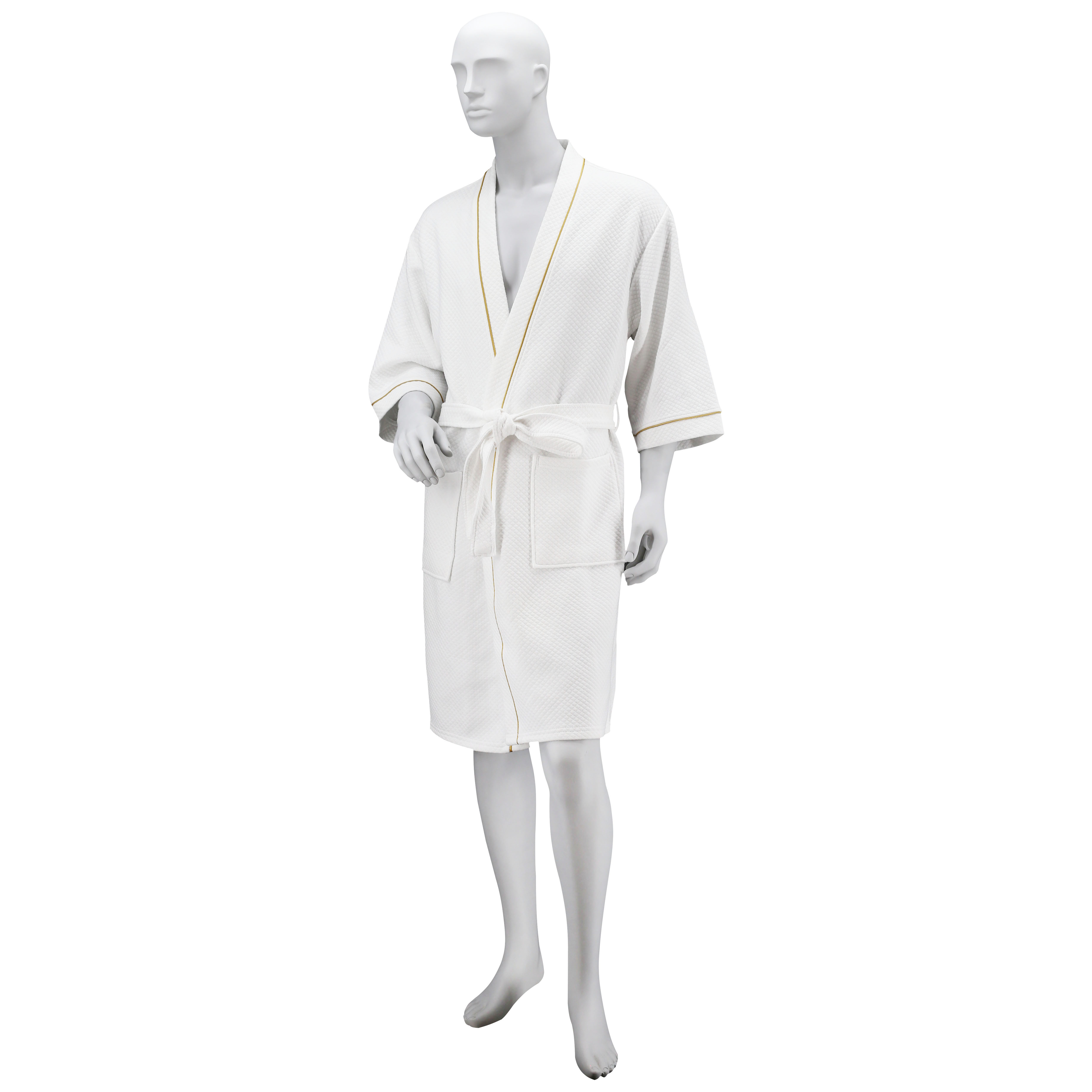 Luxury Hotel & Spa Hospitality White Knitted Diamond Kimono Unisex Bathrobe with Satin Piping