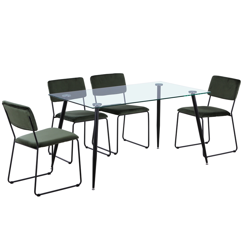 Modern Style 4 Seats Dining Room Set With Glass Table Fabric Seat Square Legs Chair