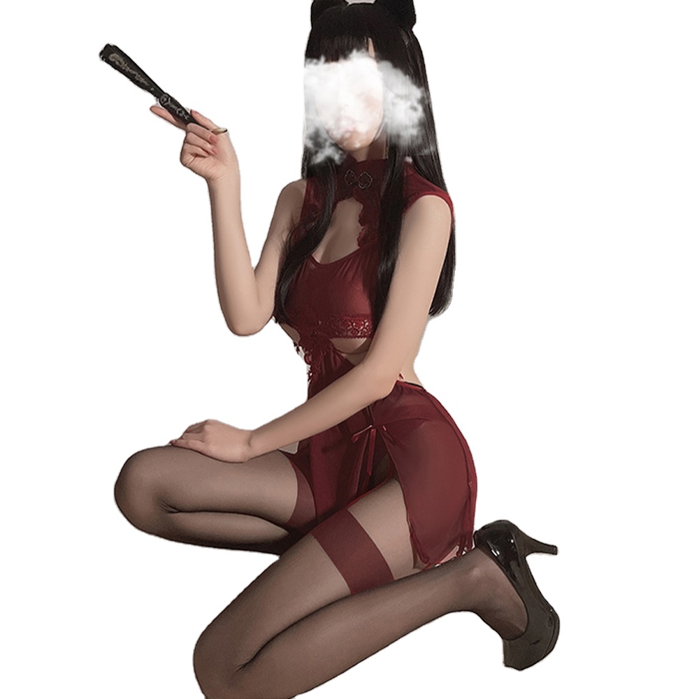 MULHERELFO Sexy lingerie hollow temptation mesh transparent cheongsam uniform set