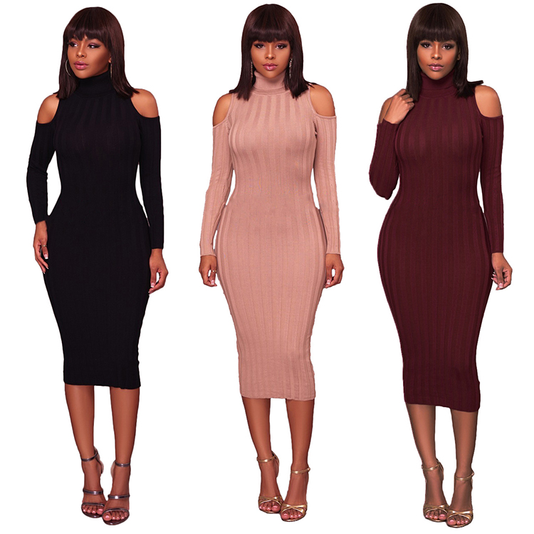 Wholesale Bulk Women's Clothing Fashion Knit Long Sleeve Sexy Cold Shoulder Women Bodycon Dress