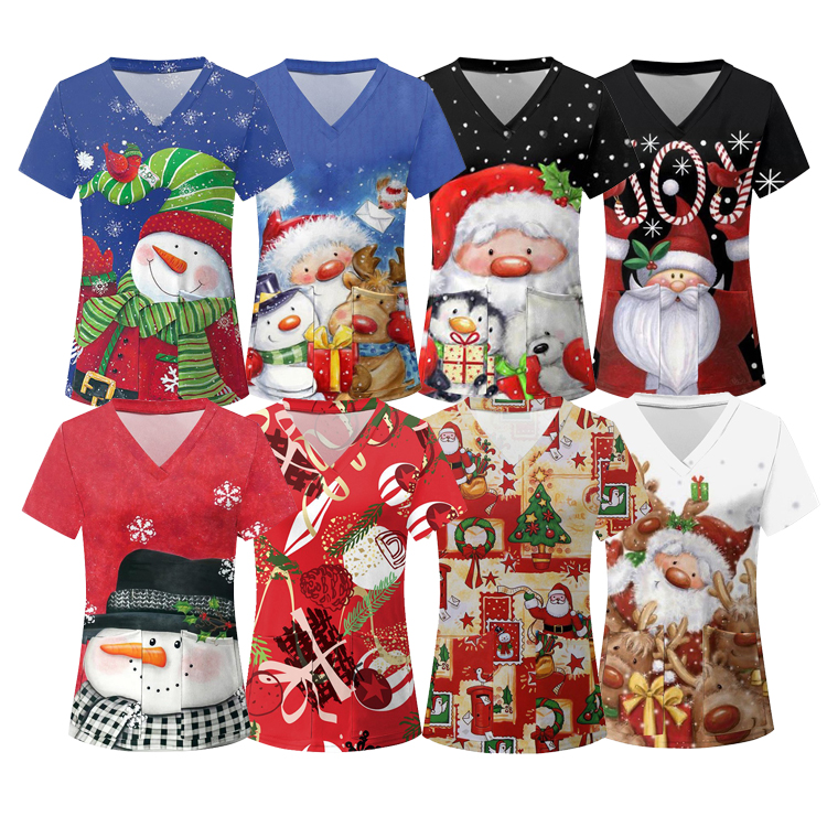 Hot aboriginal print nurse scrub hospital uniform cute printed christmas festive holiday scrub top short sleeve v-neck tops