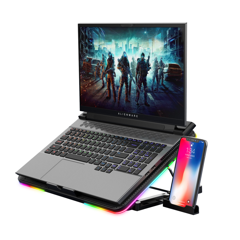 Охлаждающая подставка для ноутбука F5 RGB, портативная охлаждающая подставка для ноутбука с 6 тихими светодиодными вентиляторами, два порта USB 2,0