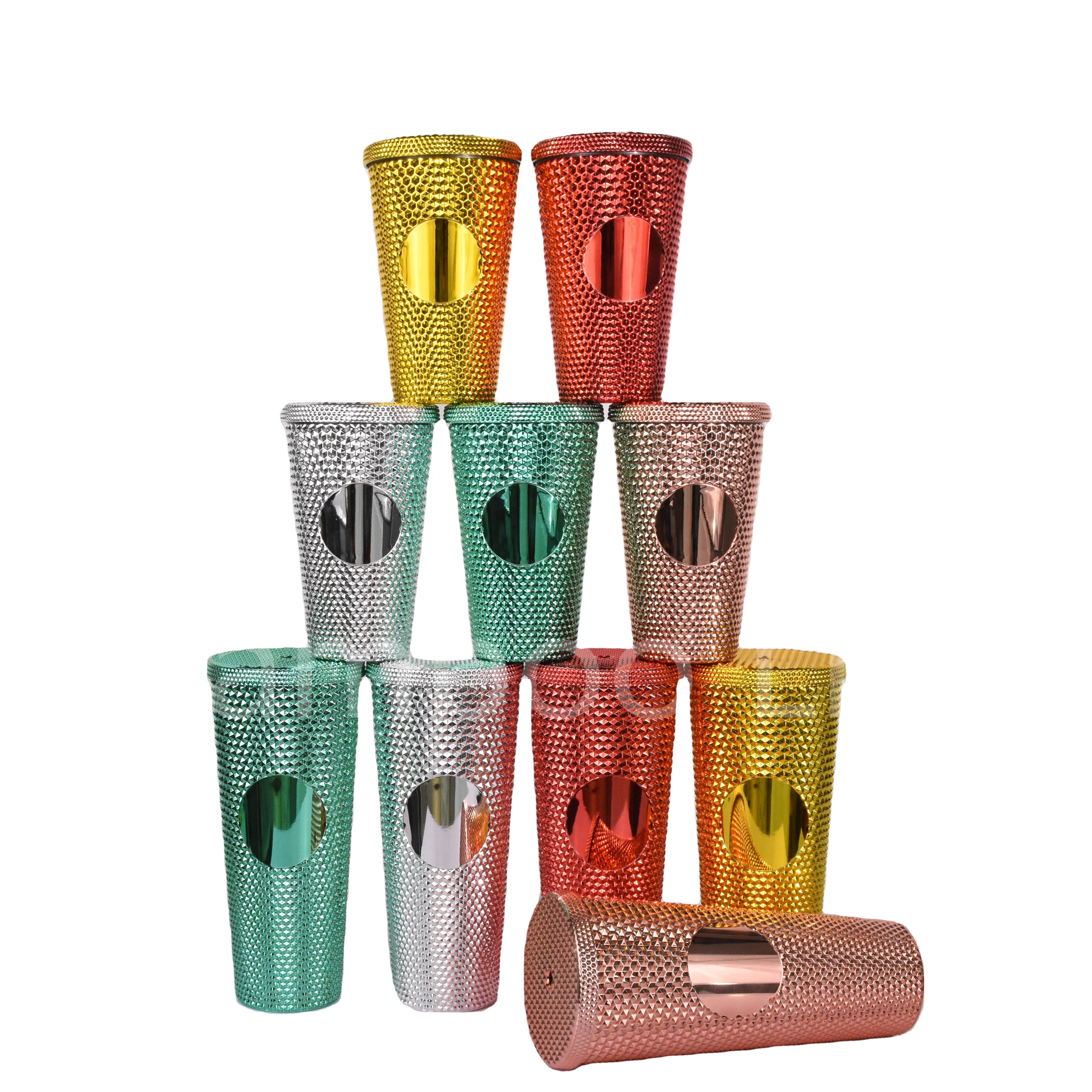 2021 Christmas Studded Tumblers Double Wall Metallic Gold Coffee Mugs Cold Beverage Grid Tumbler