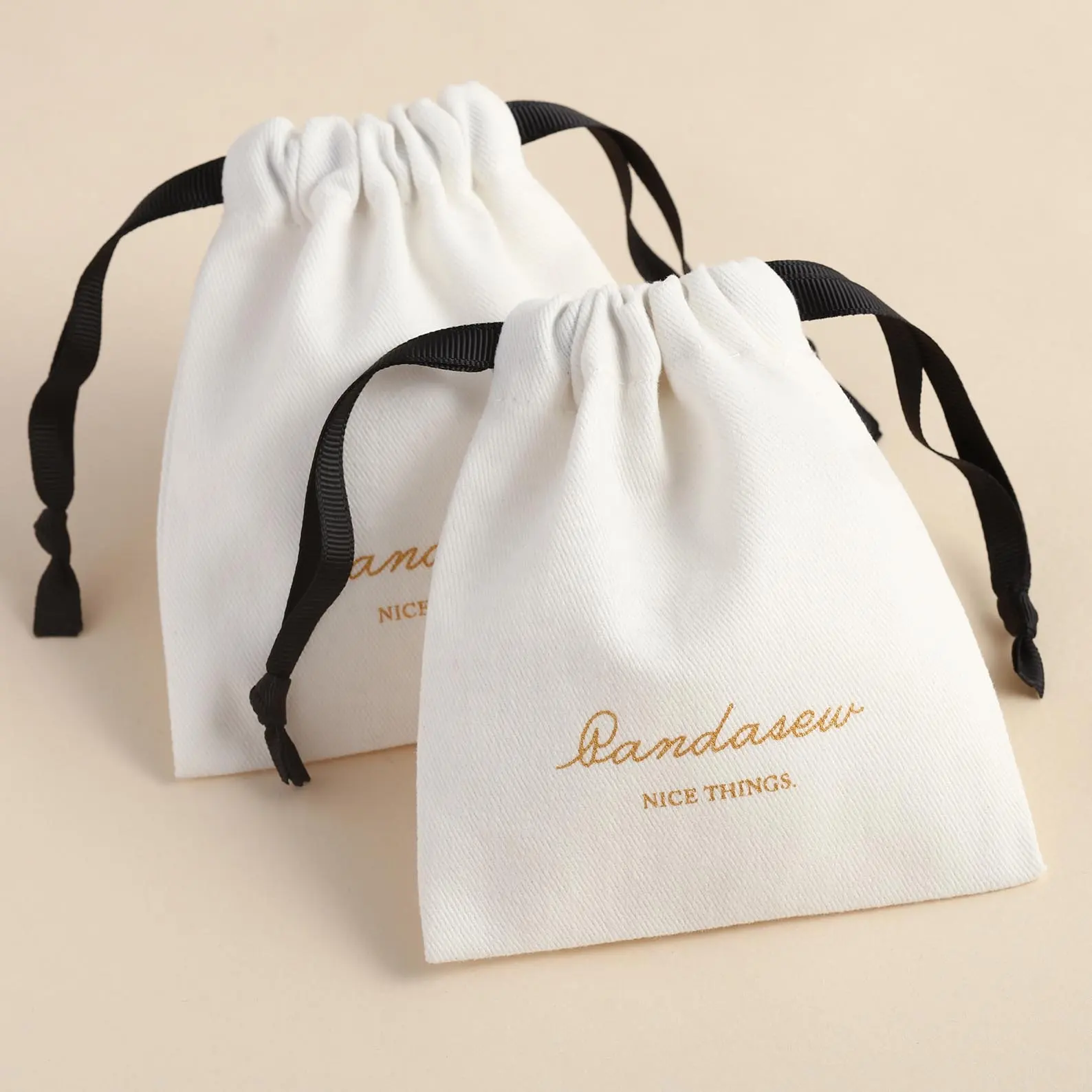 PandaSew Custom Logo White Luxury Twill Cotton Jewelry Packaging Bag Small Gift Jewelry Pouch