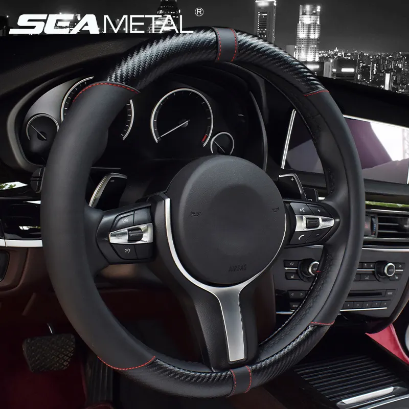 38cm Car Steering Wheel Cover Interior Universal Auto Steering Cover Protector PU+Carbon Fiber Anti Slip Steering-Wheel Covers