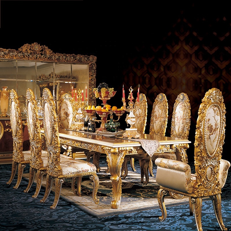 Custom Made European Royal Luxury Style Solid Wood Golden Color Frame Dining Room Sets