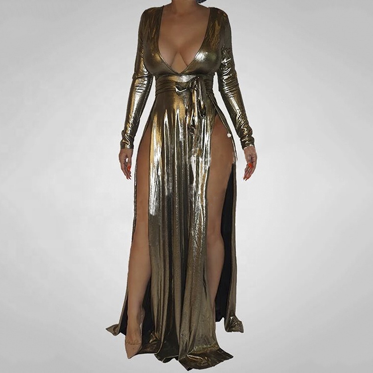 Luxurious Low Cut Deep V Bow Belt Golden Robe The Most Shining Women's Cocktail Dress