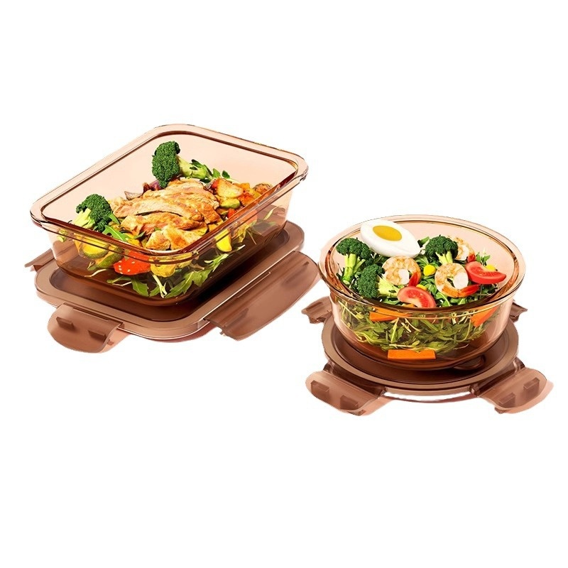 Amber Borosilicate Glass Lunch Box Microwave Safe and Heat Resistant for Office Workers' Lunch Storage with Sealed Crisper