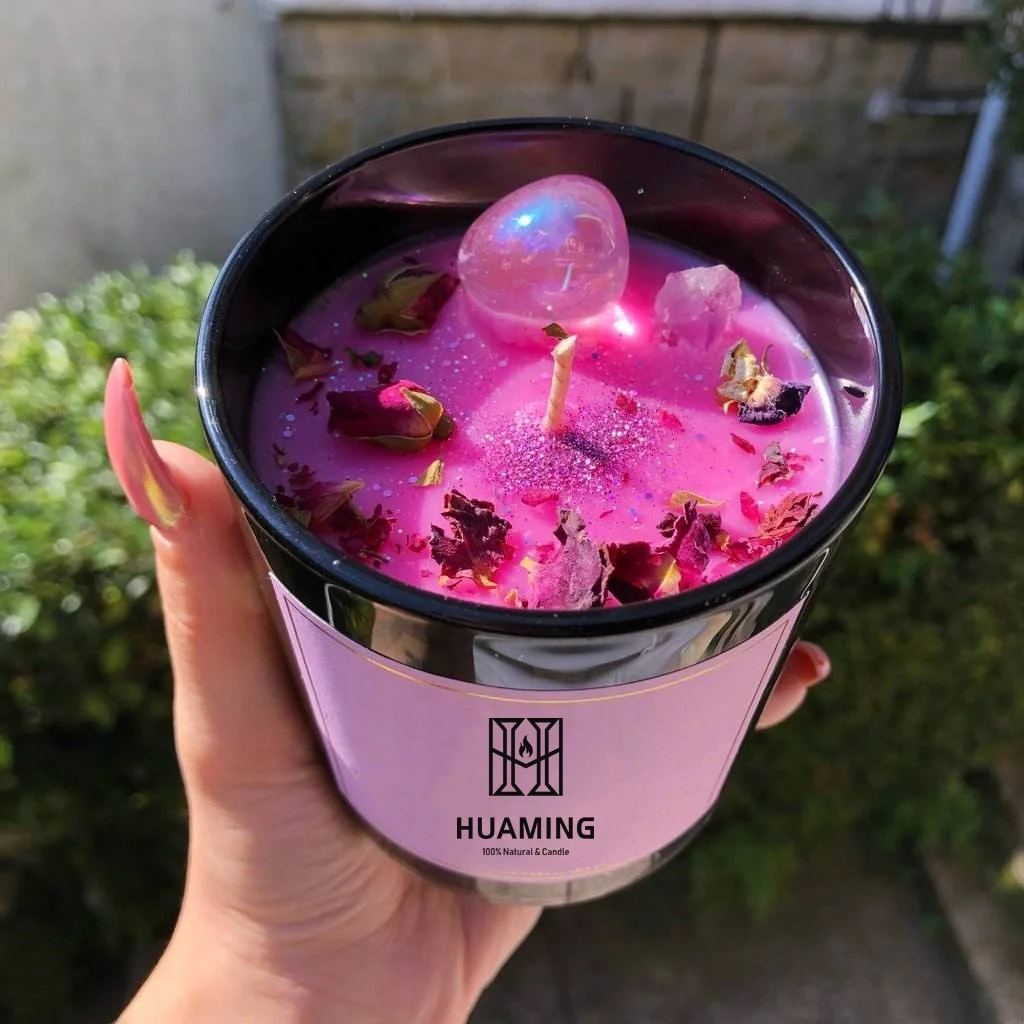 Huaming Custom Handmade Wooden Fragrance Chakra Candle Luxury Healing Gemstone Crystal Soy Wax Scented Candles with Dried Flower