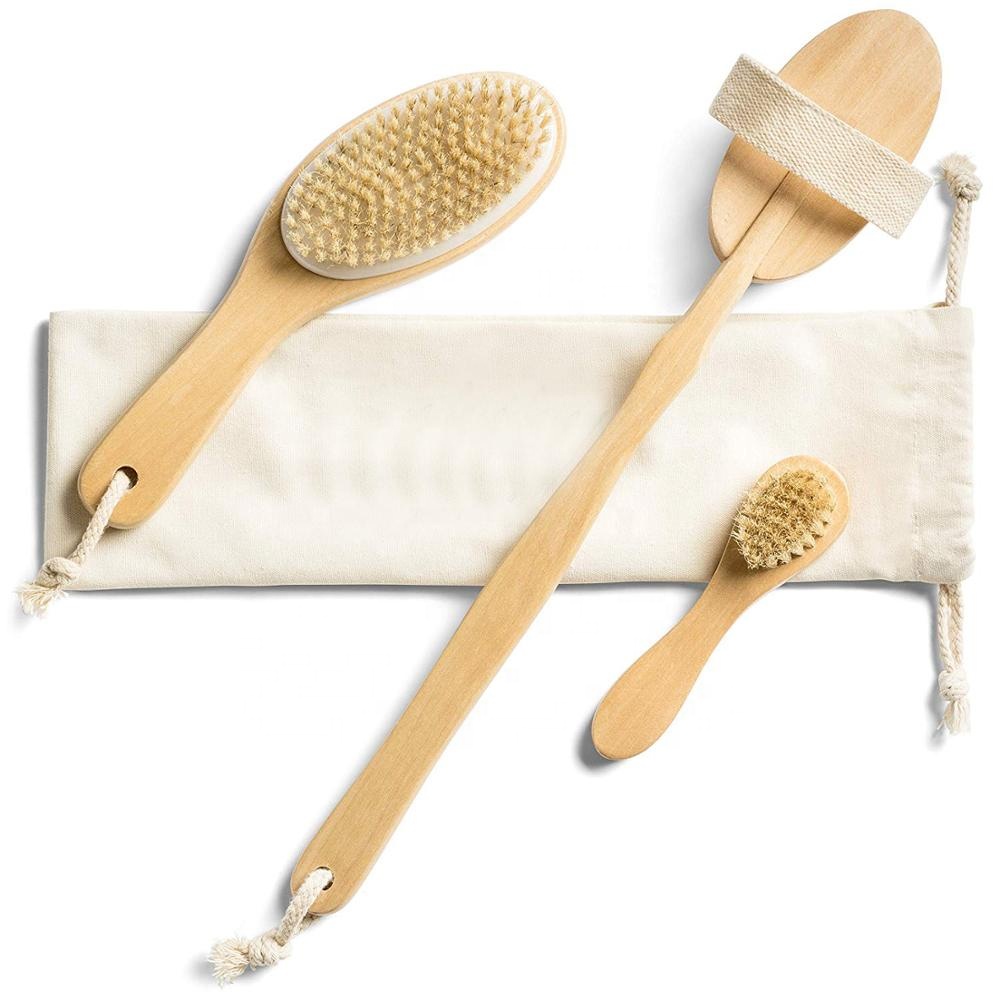 high quality custom logo wholesale natural Natural Bristles Cellulite Exfoliating body brushing set