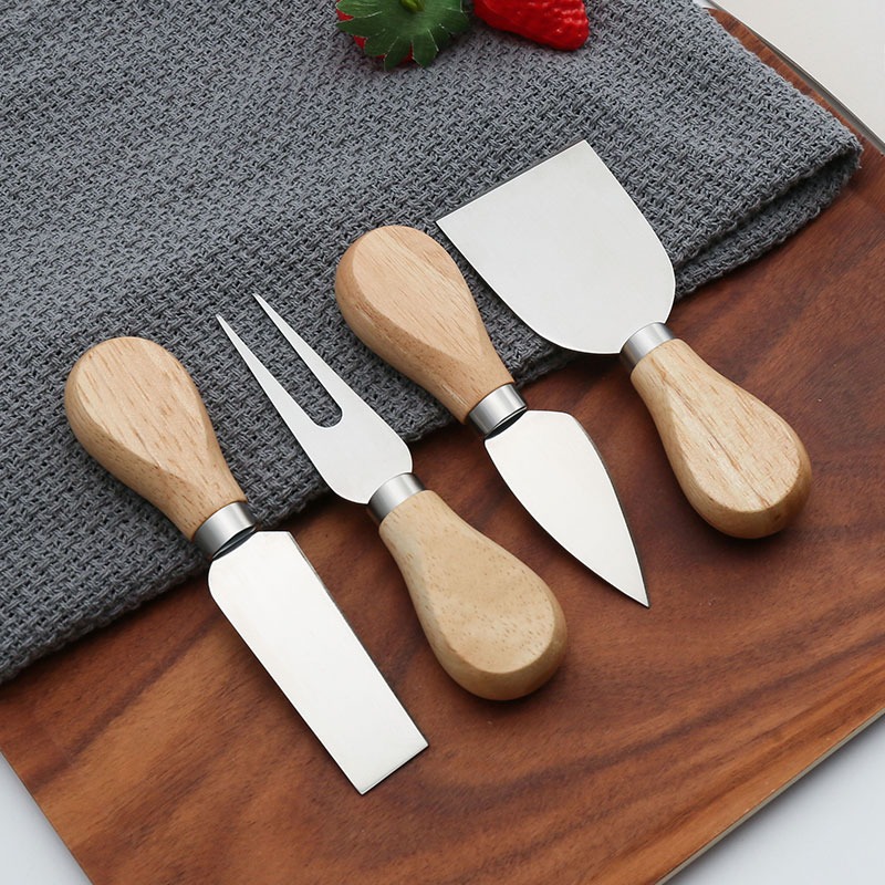4pcs Wood Bamboo Handle Multi Function Stainless Steel Cheese Knife Set For Cheese Pizza