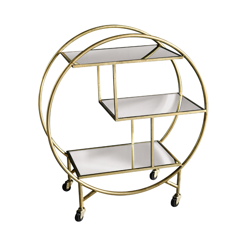 Factory Wholesale Fashion Creative Gold Snack Dish Cart Metal Modern movable Food Rack Hotel Mobile Display Rack with wheels